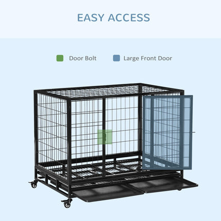 43" Heavy Duty Metal Dog Kennel with Tray and Wheels Large - Black