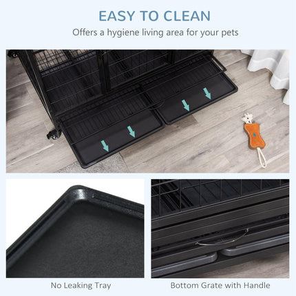 43" Heavy Duty Metal Dog Kennel with Tray and Wheels Large - Black