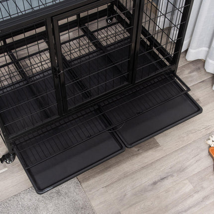 43" Heavy Duty Metal Dog Kennel with Tray and Wheels Large - Black