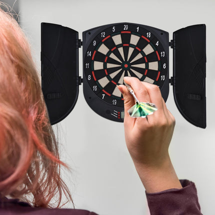 Electronic Dartboard Set with 26 Games, 185 Variations, 6 Darts & Storage Cabinet - Black Deep Orange
