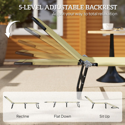 Foldable Outdoor Sun Lounger with 5-Position Adjustable Backrest and Breathable Mesh - Beige