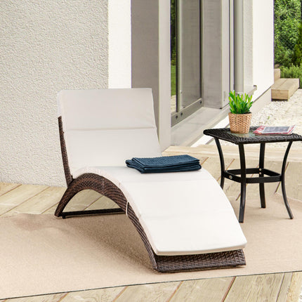 Folding Garden Patio Rattan Wicker Sun Lounger Recliner Bed Chair with Cushion - Mixed Brown White