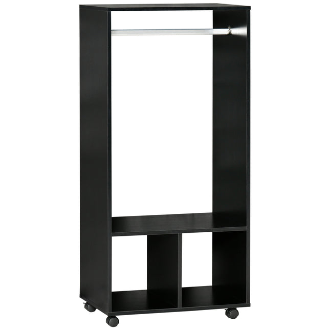 Open Wardrobe with Hanging Rod, Storage Shelves & Wheels for Bedroom or Cloakroom - Black