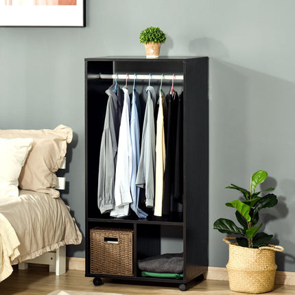 Open Wardrobe with Hanging Rod, Storage Shelves & Wheels for Bedroom or Cloakroom - Black