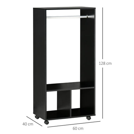 Open Wardrobe with Hanging Rod, Storage Shelves & Wheels for Bedroom or Cloakroom - Black