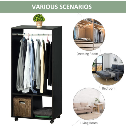 Open Wardrobe with Hanging Rod, Storage Shelves & Wheels for Bedroom or Cloakroom - Black
