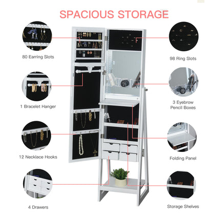 LED Light Jewelry Cabinet Armoire with Mirrors, Drawers & Hooks Storage - White