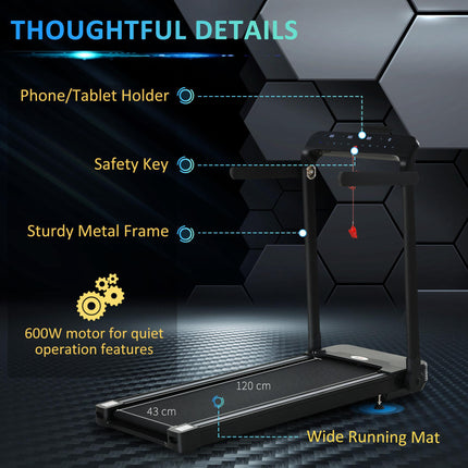 Foldable 600W Motorised Treadmill with 12 Speed Settings - Black