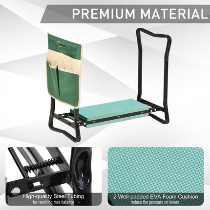 Foldable Steel Frame Garden Kneeler and Seat with Foam Pad and Tool Pouch - Green
