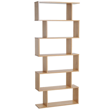 Wooden S Shape 6-Shelf Storage Display Room Divider Bookcase Cabinet - Oak