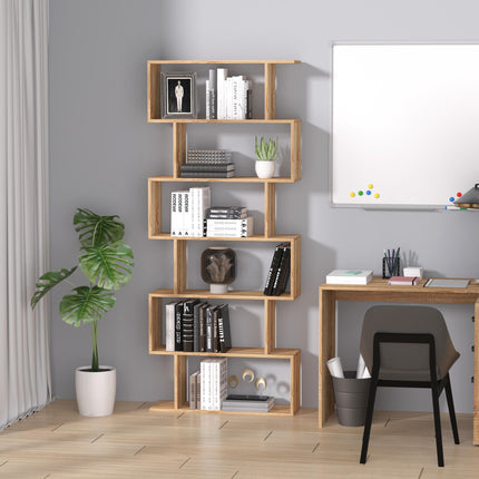 Wooden S Shape 6-Shelf Storage Display Room Divider Bookcase Cabinet - Oak