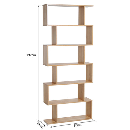 Wooden S Shape 6-Shelf Storage Display Room Divider Bookcase Cabinet - Oak