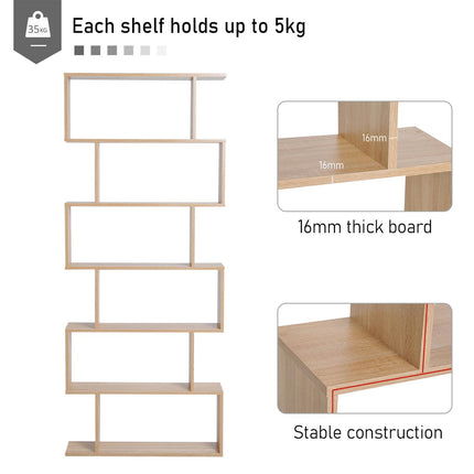 Wooden S Shape 6-Shelf Storage Display Room Divider Bookcase Cabinet - Oak