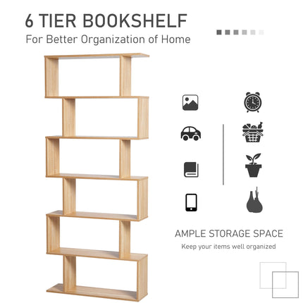 Wooden S Shape 6-Shelf Storage Display Room Divider Bookcase Cabinet - Oak