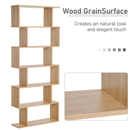 Wooden S Shape 6-Shelf Storage Display Room Divider Bookcase Cabinet - Oak