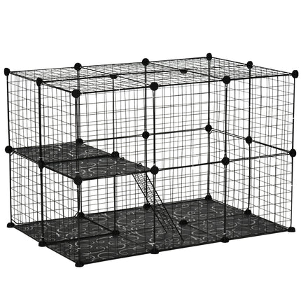 PawHut Small Animal Playpen DIY Metal Wire Cage with 39 Panels, 3 Doors & 2 Ramps - Black