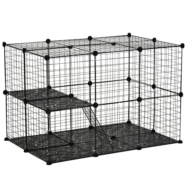 PawHut Small Animal Playpen DIY Metal Wire Cage with 39 Panels, 3 Doors & 2 Ramps - Black