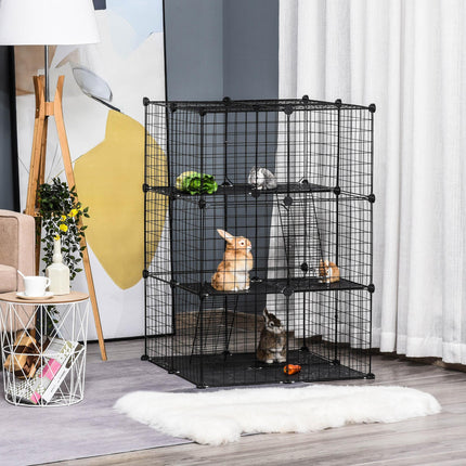 PawHut Small Animal Playpen DIY Metal Wire Cage with 39 Panels, 3 Doors & 2 Ramps - Black