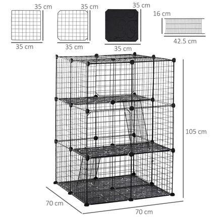PawHut Small Animal Playpen DIY Metal Wire Cage with 39 Panels, 3 Doors & 2 Ramps - Black
