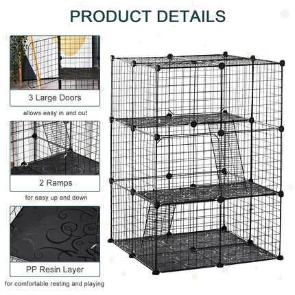 PawHut Small Animal Playpen DIY Metal Wire Cage with 39 Panels, 3 Doors & 2 Ramps - Black