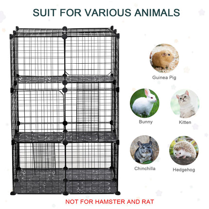 PawHut Small Animal Playpen DIY Metal Wire Cage with 39 Panels, 3 Doors & 2 Ramps - Black