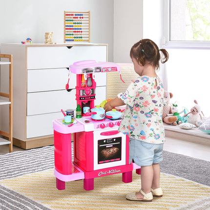 38-Piece Children's Kitchen Play Set with Realistic Lights & Sounds, Utensils, Pots, Pans, Appliances - Pink