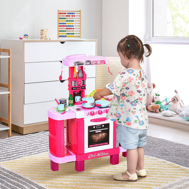 38-Piece Children's Kitchen Play Set with Realistic Lights & Sounds, Utensils, Pots, Pans, Appliances - Pink