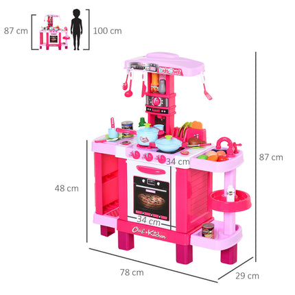 38-Piece Children's Kitchen Play Set with Realistic Lights & Sounds, Utensils, Pots, Pans, Appliances - Pink