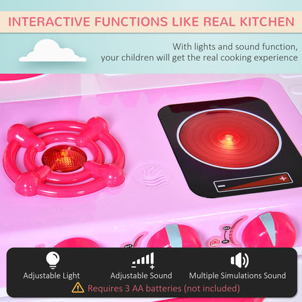 38-Piece Children's Kitchen Play Set with Realistic Lights & Sounds, Utensils, Pots, Pans, Appliances - Pink