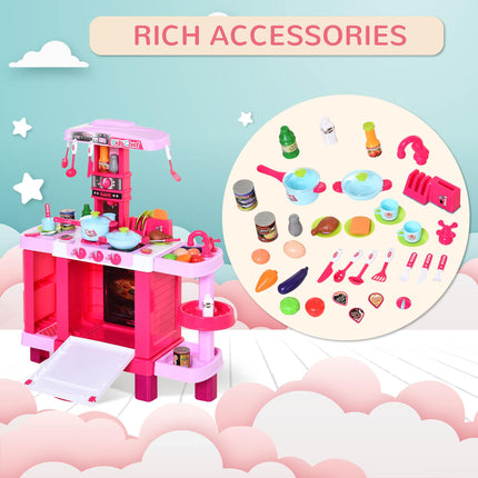 38-Piece Children's Kitchen Play Set with Realistic Lights & Sounds, Utensils, Pots, Pans, Appliances - Pink