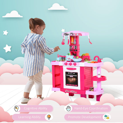 38-Piece Children's Kitchen Play Set with Realistic Lights & Sounds, Utensils, Pots, Pans, Appliances - Pink