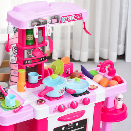 38-Piece Children's Kitchen Play Set with Realistic Lights & Sounds, Utensils, Pots, Pans, Appliances - Pink