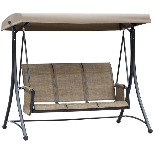 3 Person Outdoor Patio Porch Swing Chair with High Back, Adjustable Canopy & Side Pouches - Brown