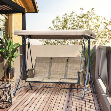3 Person Outdoor Patio Porch Swing Chair with High Back, Adjustable Canopy & Side Pouches - Brown