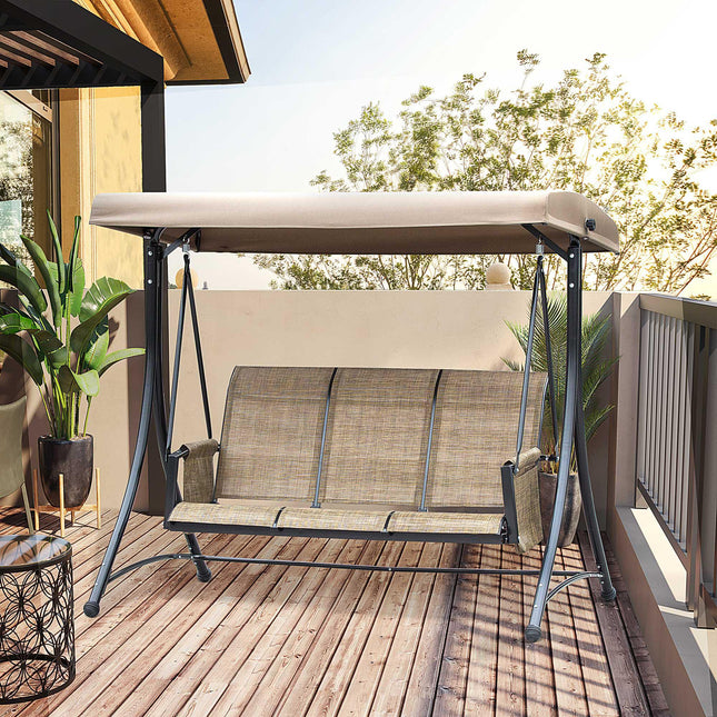 3 Person Outdoor Patio Porch Swing Chair with High Back, Adjustable Canopy & Side Pouches - Brown