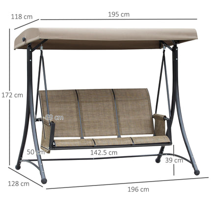 3 Person Outdoor Patio Porch Swing Chair with High Back, Adjustable Canopy & Side Pouches - Brown