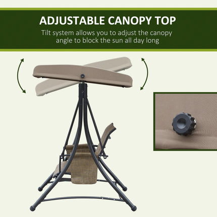 3 Person Outdoor Patio Porch Swing Chair with High Back, Adjustable Canopy & Side Pouches - Brown