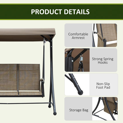 3 Person Outdoor Patio Porch Swing Chair with High Back, Adjustable Canopy & Side Pouches - Brown