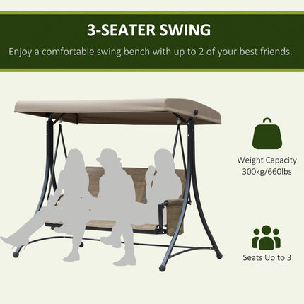 3 Person Outdoor Patio Porch Swing Chair with High Back, Adjustable Canopy & Side Pouches - Brown