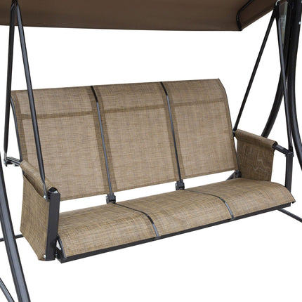 3 Person Outdoor Patio Porch Swing Chair with High Back, Adjustable Canopy & Side Pouches - Brown