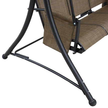 3 Person Outdoor Patio Porch Swing Chair with High Back, Adjustable Canopy & Side Pouches - Brown