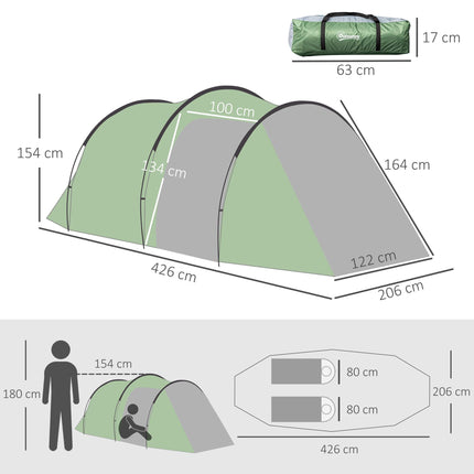 3 Person Tunnel Camping Tent with Sewn-in Groundsheet - Green
