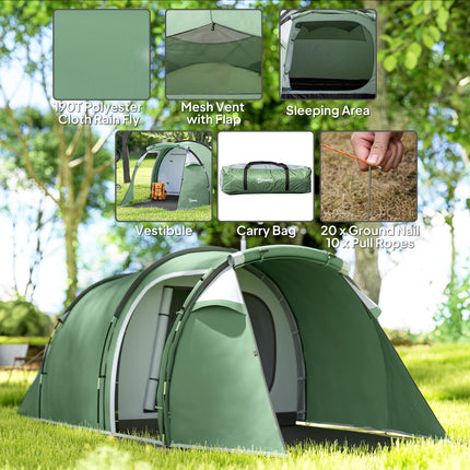 3 Person Tunnel Camping Tent with Sewn-in Groundsheet - Green