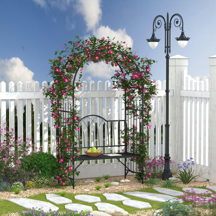 Garden Metal Arch Bench with Rose Trellis Pergola 2-Seater Arbour - Black