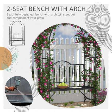Garden Metal Arch Bench with Rose Trellis Pergola 2-Seater Arbour - Black