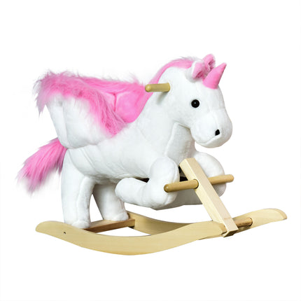 Unicorn Rocking Horse Wooden Kids Ride-On Plush Toy with Music - Pink/White
