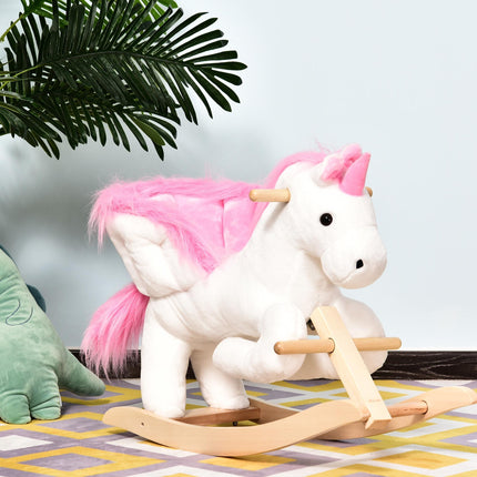 Unicorn Rocking Horse Wooden Kids Ride-On Plush Toy with Music - Pink/White