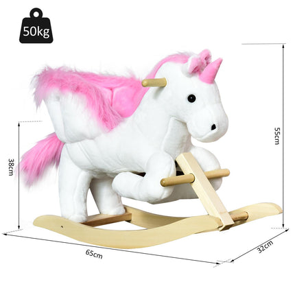 Unicorn Rocking Horse Wooden Kids Ride-On Plush Toy with Music - Pink/White