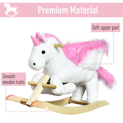 Unicorn Rocking Horse Wooden Kids Ride-On Plush Toy with Music - Pink/White