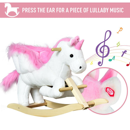 Unicorn Rocking Horse Wooden Kids Ride-On Plush Toy with Music - Pink/White